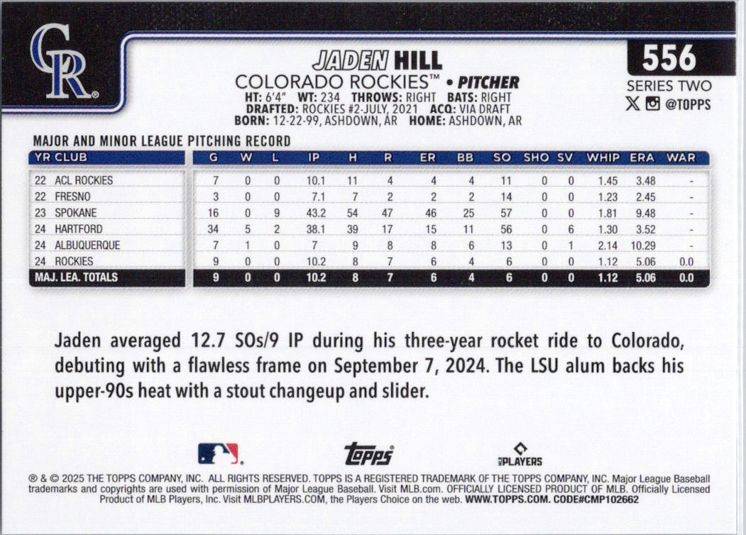2025 Topps #556 Jaden Hill Colorado Rockies