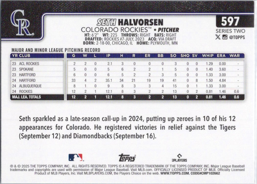 2025 Topps #597 Seth Halvorsen Colorado Rockies