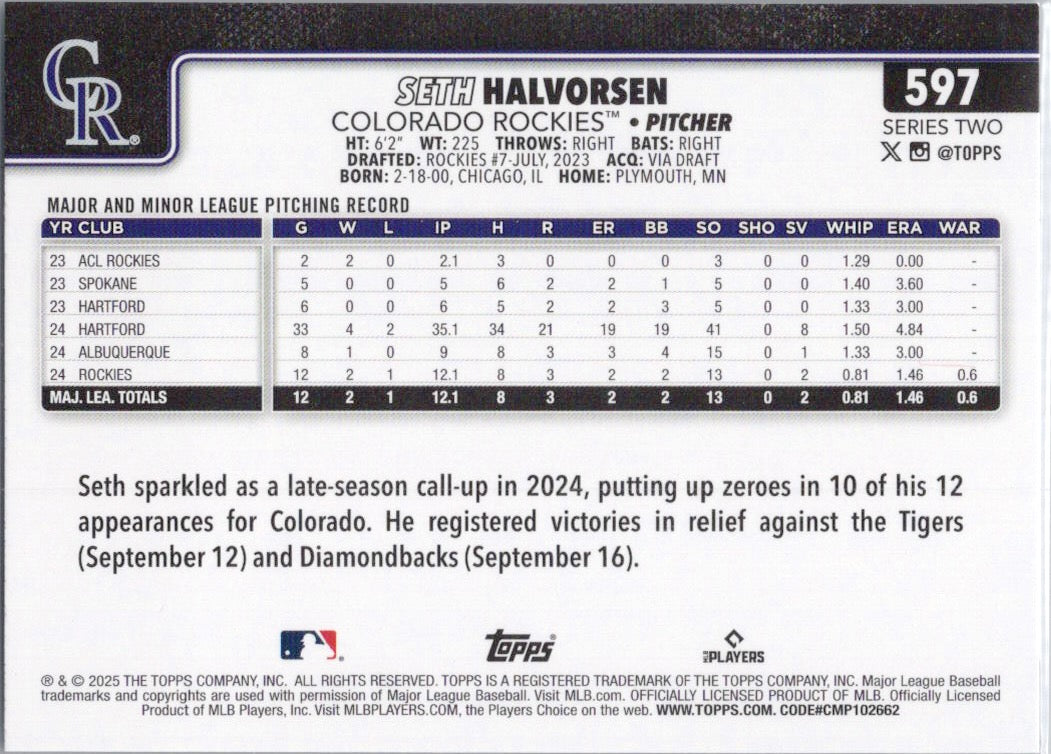 2025 Topps #597 Seth Halvorsen Colorado Rockies