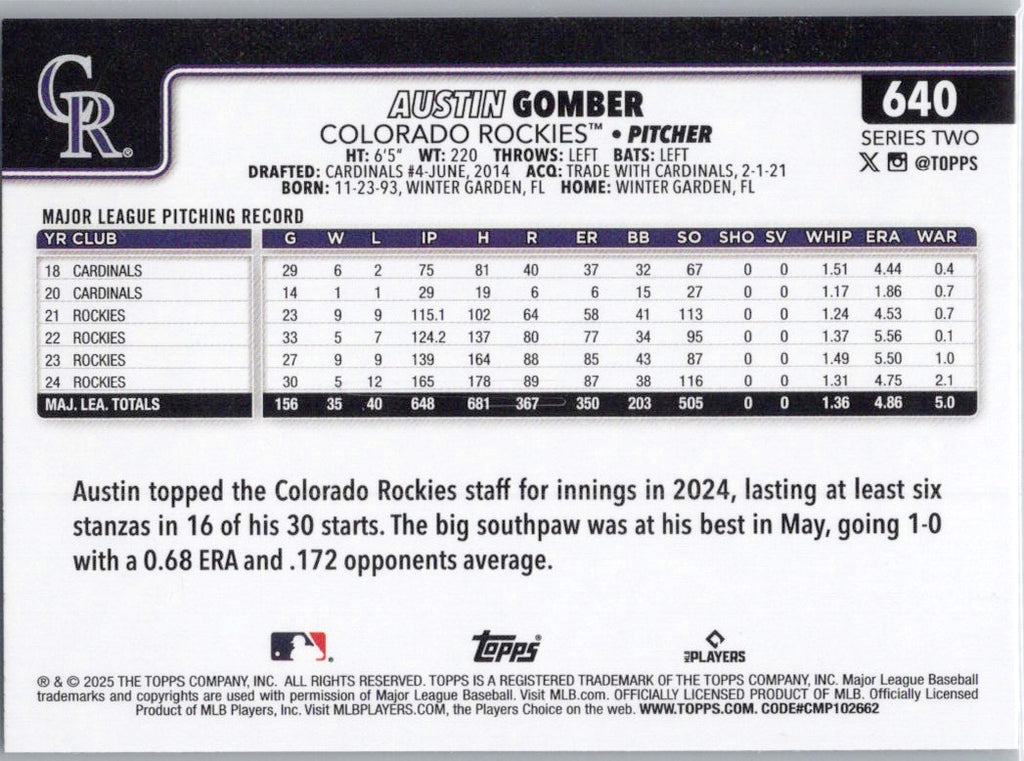 2025 Topps #640 Austin Gomber Colorado Rockies
