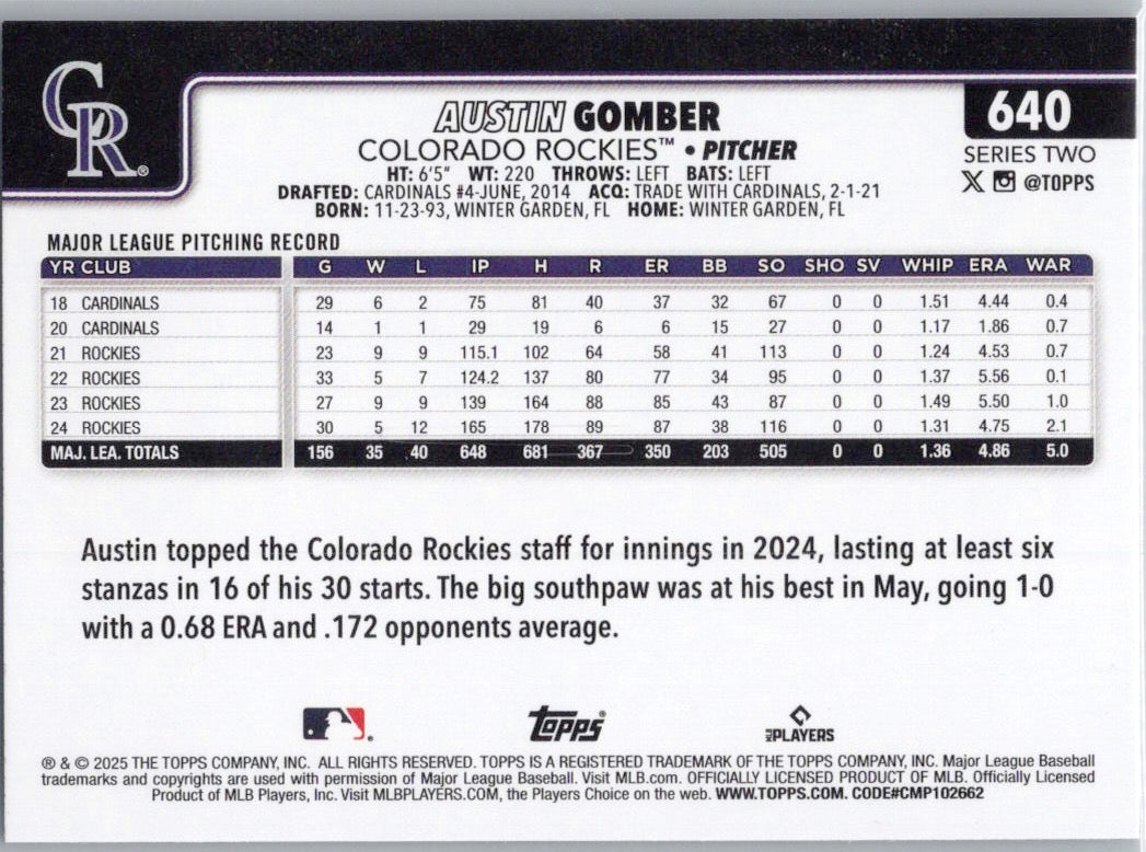 2025 Topps #640 Austin Gomber Colorado Rockies