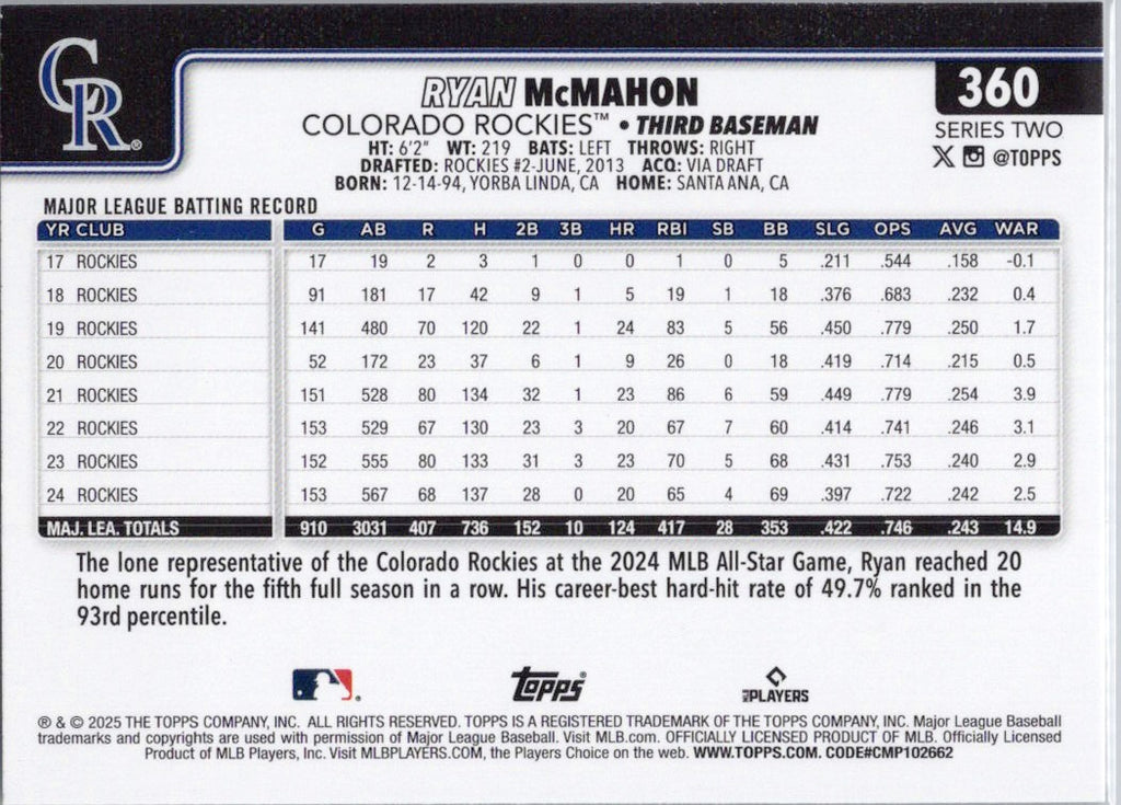 2025 Topps #360 Ryan McMahon Colorado Rockies
