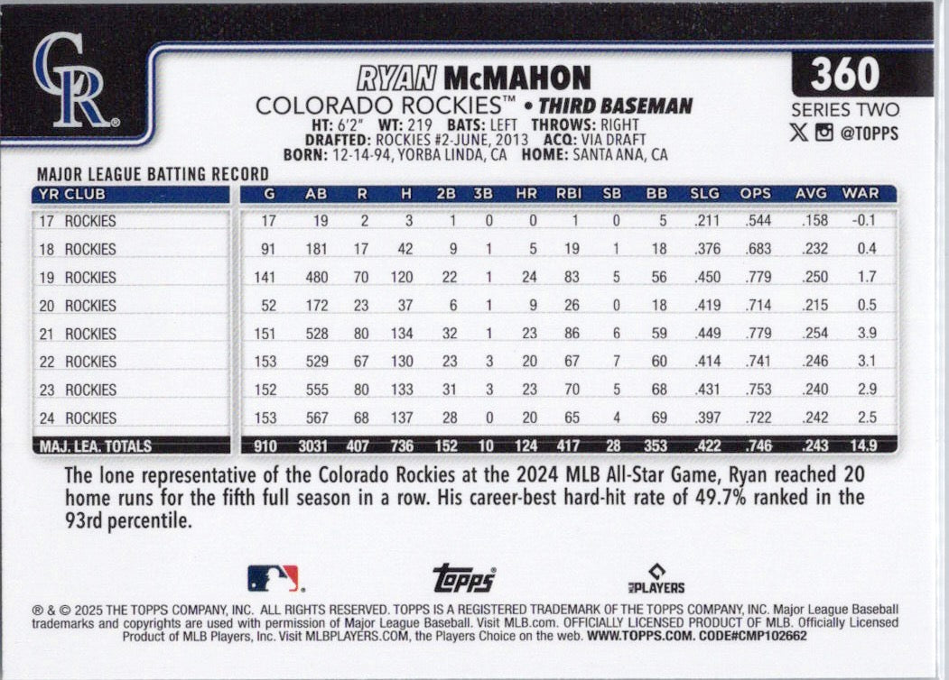 2025 Topps #360 Ryan McMahon Colorado Rockies