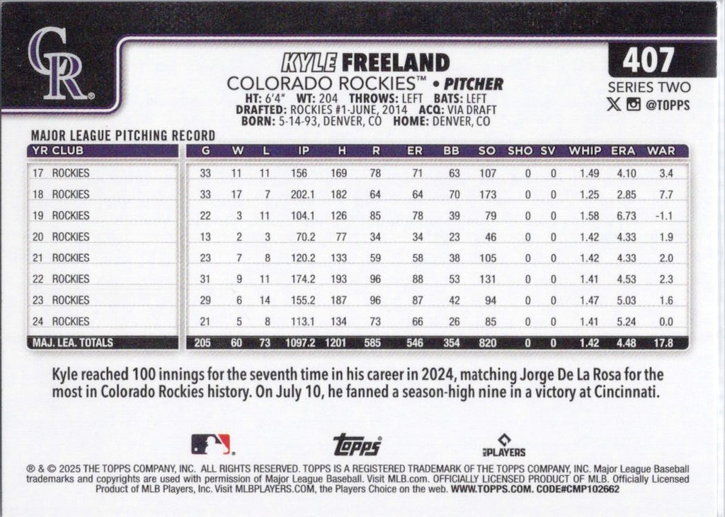 2025 Topps #407 Kyle Freeland Colorado Rockies