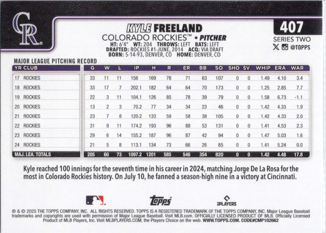 2025 Topps #407 Kyle Freeland Colorado Rockies
