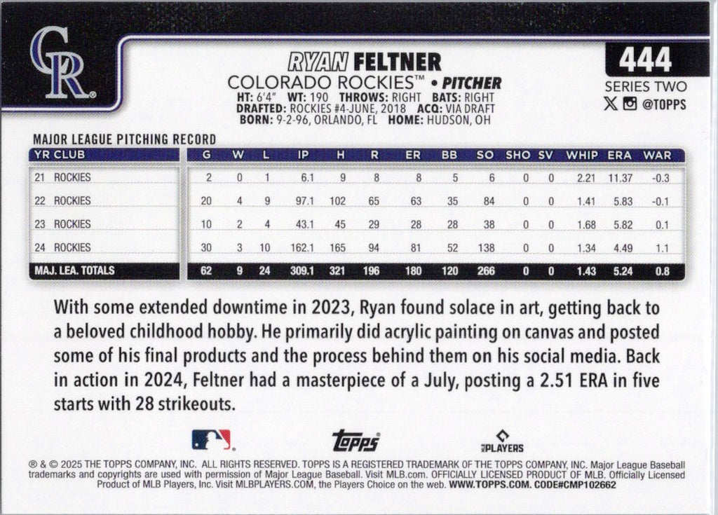 2025 Topps #444 Ryan Feltner Colorado Rockies