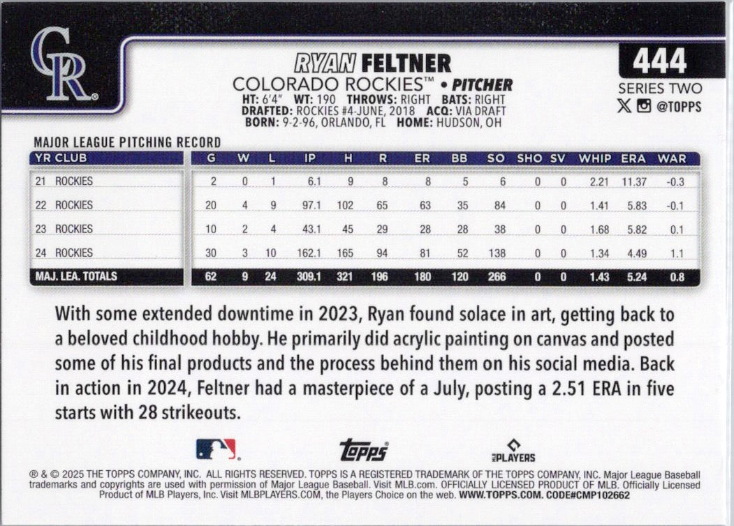 2025 Topps #444 Ryan Feltner Colorado Rockies