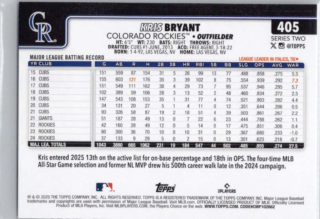 2025 Topps #405 Kris Bryant Colorado Rockies