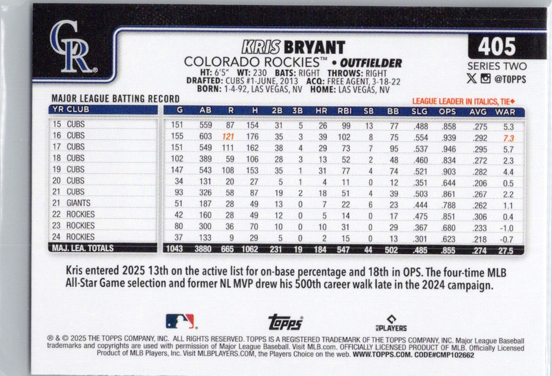 2025 Topps #405 Kris Bryant Colorado Rockies