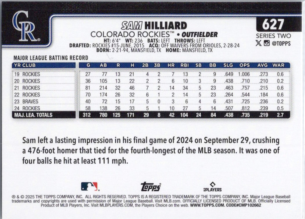 2025 Topps #627 Sam Hilliard Colorado Rockies