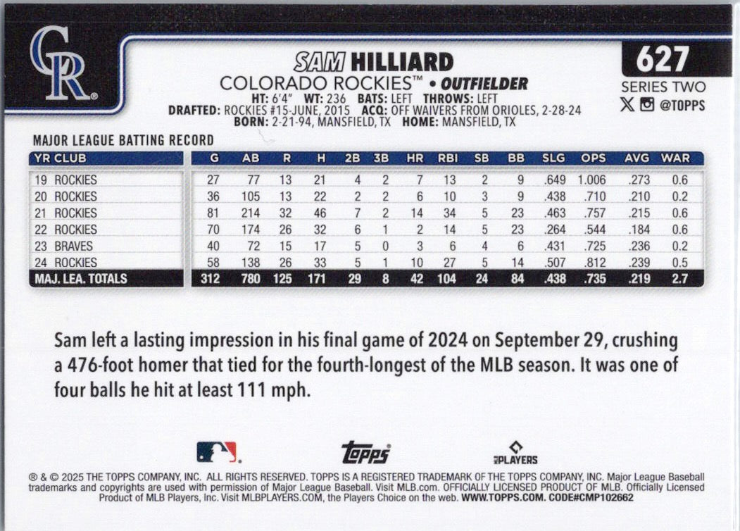 2025 Topps #627 Sam Hilliard Colorado Rockies