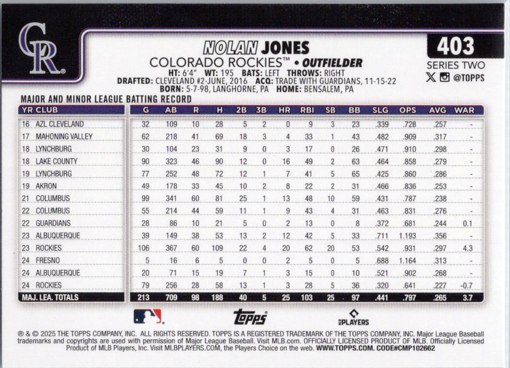 2025 Topps #403 Nolan Jones Colorado Rockies