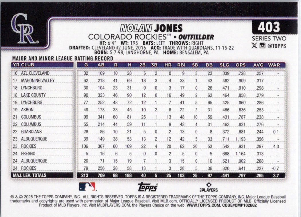 2025 Topps #403 Nolan Jones Colorado Rockies
