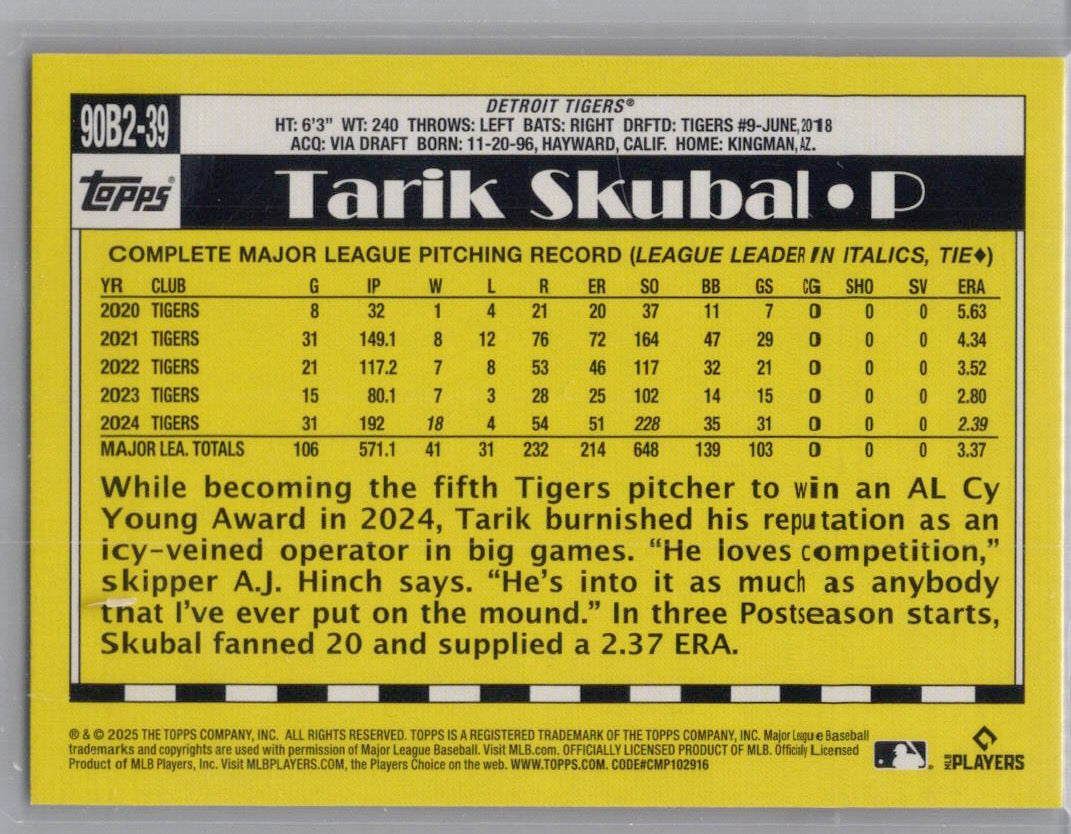 2025 Topps #90B2-39 Tarik Skubal 1990 Topps Baseball 35th Anniversary