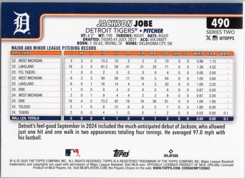 2025 Topps #490 Jackson Jobe Detroit Tigers