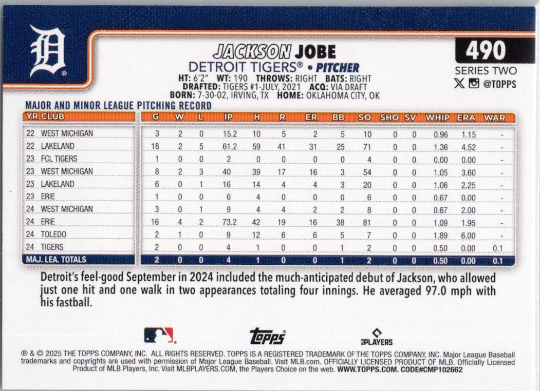 2025 Topps #490 Jackson Jobe Detroit Tigers
