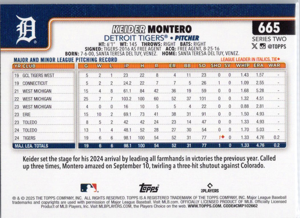 2025 Topps #665 Keider Montero Detroit Tigers
