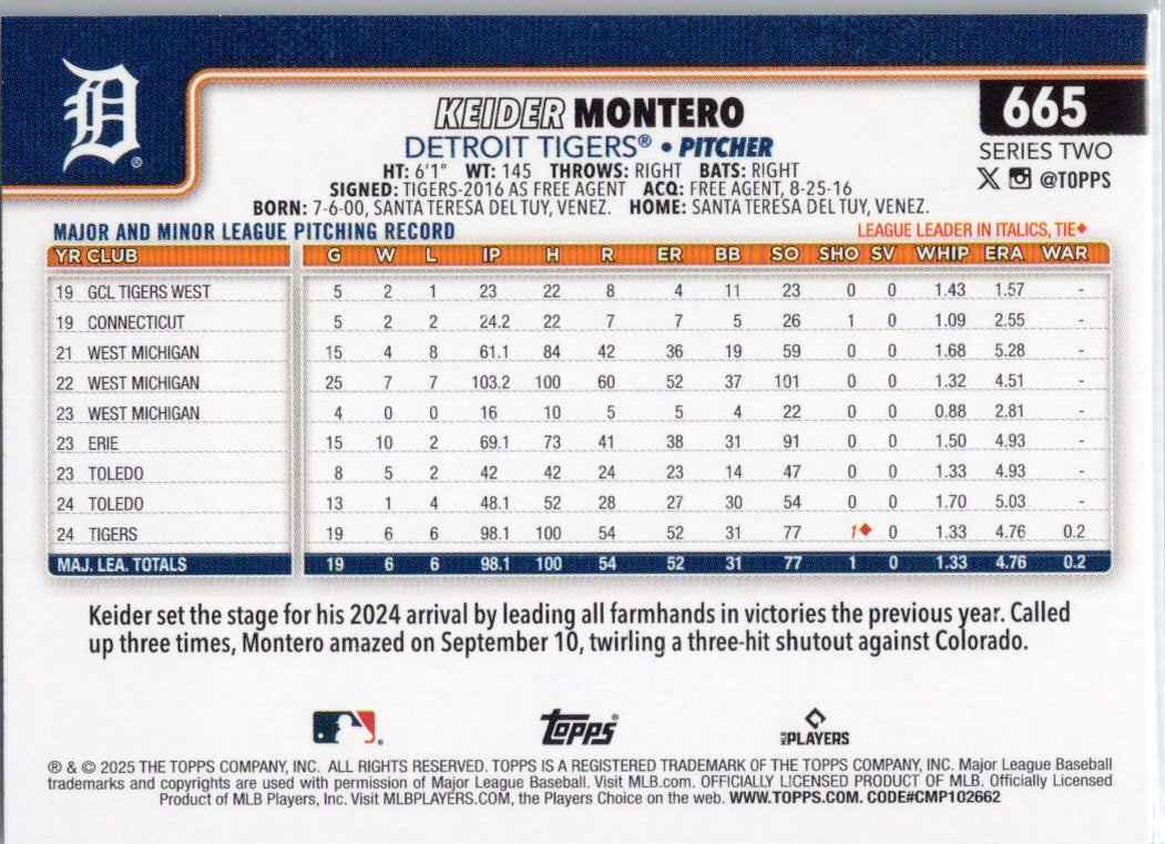 2025 Topps #665 Keider Montero Detroit Tigers