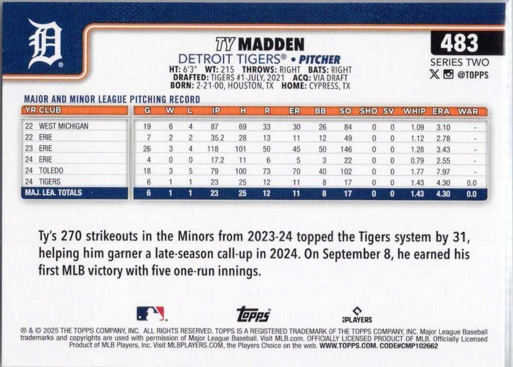 2025 Topps #483 Ty Madden Detroit Tigers