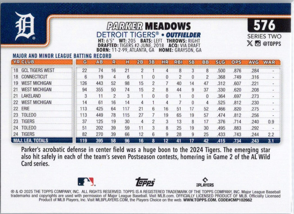 2025 Topps #576 Parker Meadows Detroit Tigers