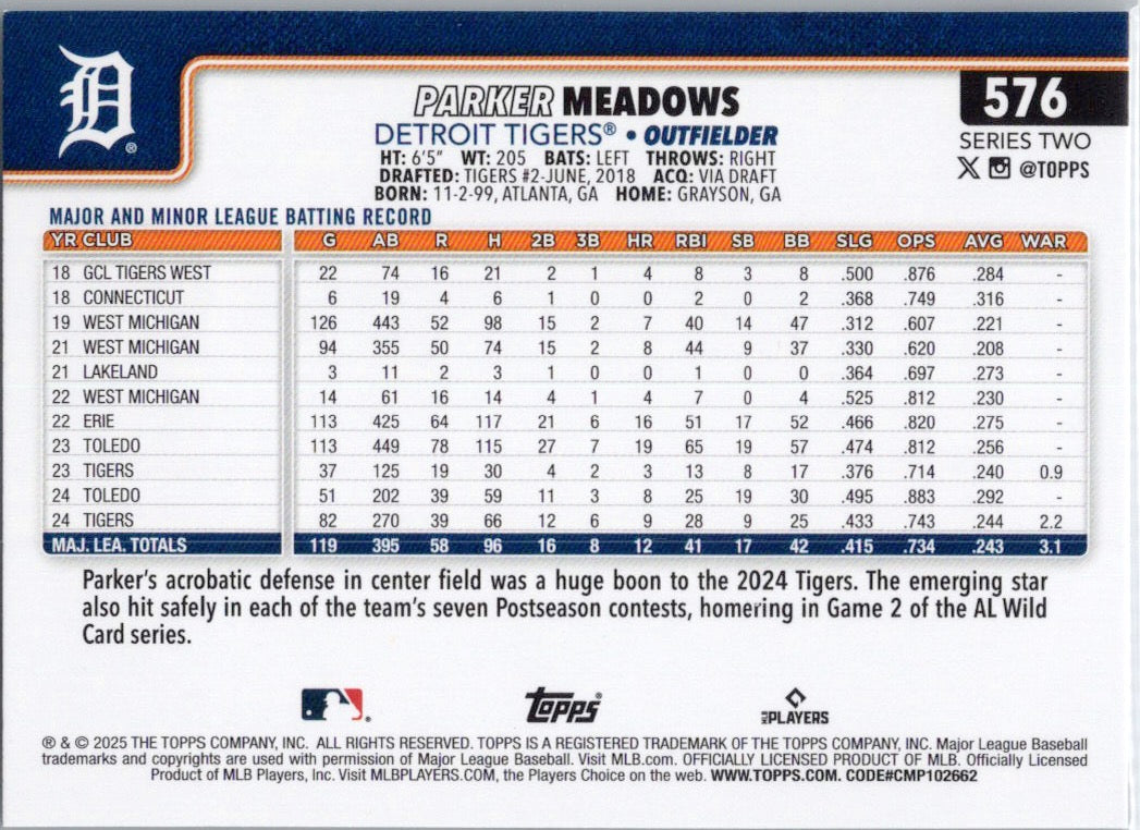2025 Topps #576 Parker Meadows Detroit Tigers