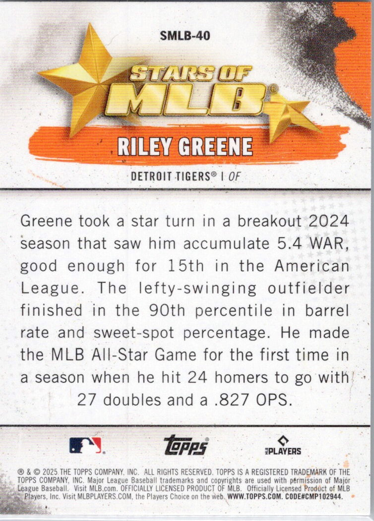 2025 Topps #SMLB-40 Riley Greene Stars of MLB Detroit Tigers