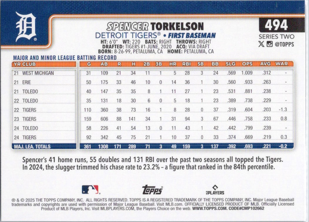 2025 Topps #494 Spencer Torkelson Detroit Tigers