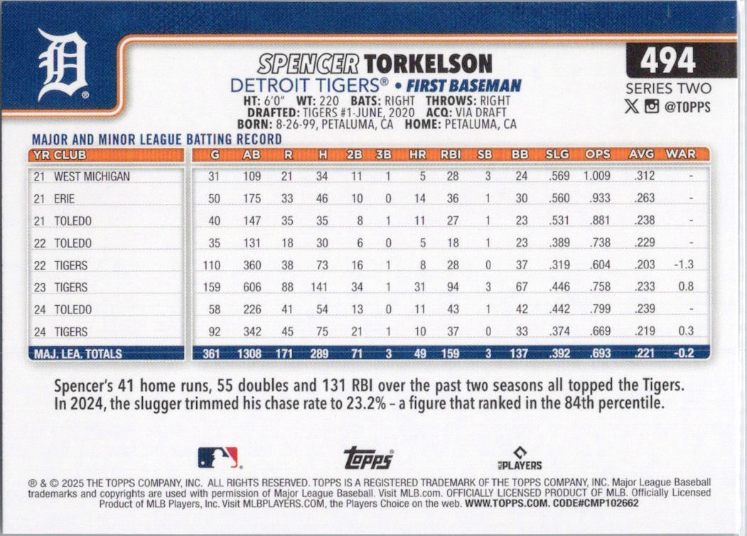2025 Topps #494 Spencer Torkelson Detroit Tigers