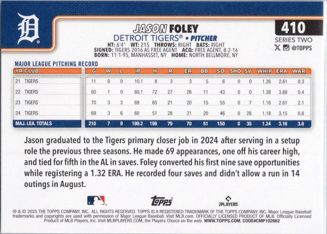 2025 Topps #410 Jason Foley Detroit Tigers