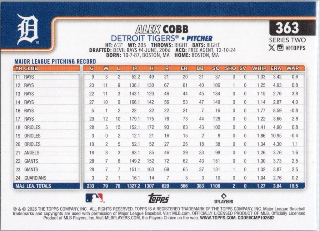 2025 Topps #363 Alex Cobb Detroit Tigers