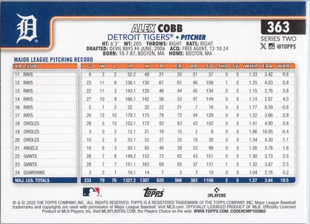 2025 Topps #363 Alex Cobb Detroit Tigers