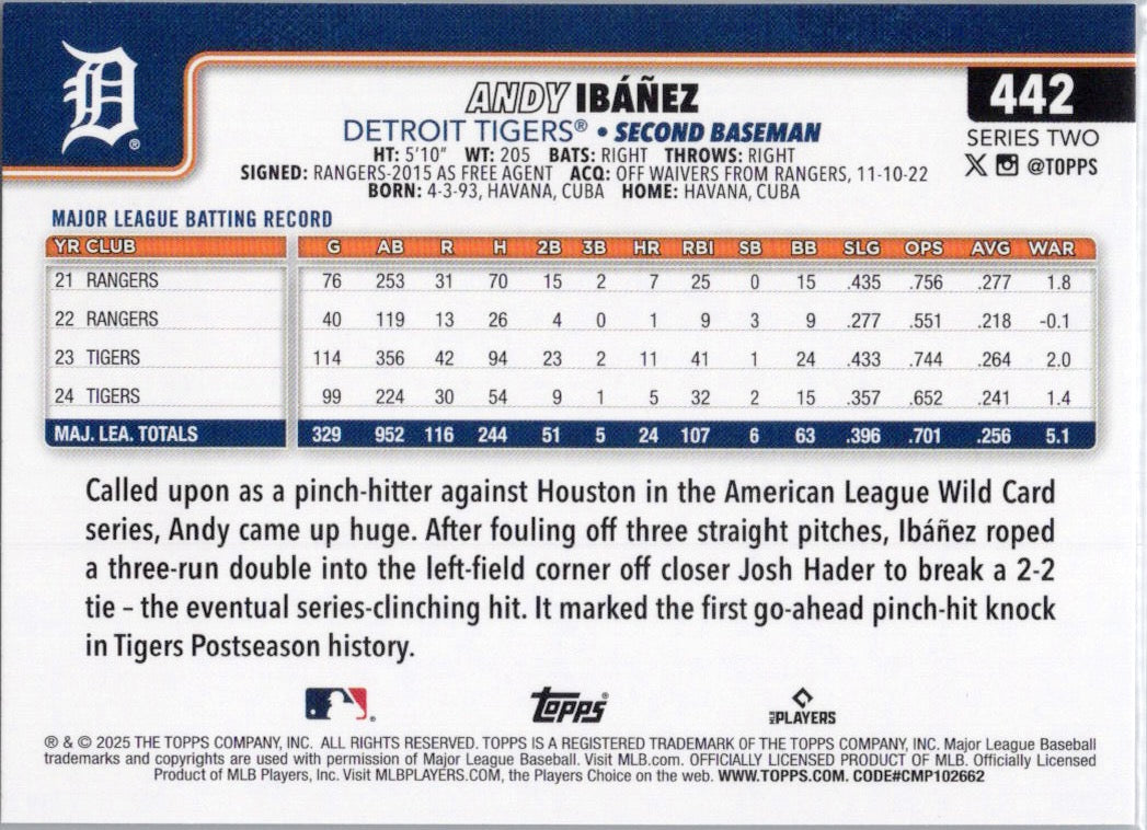 2025 Topps #442 Andy Ibáñez Detroit Tigers