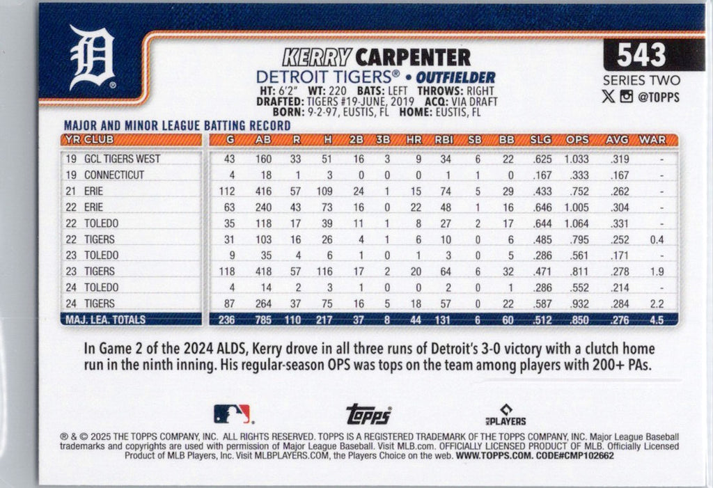 2025 Topps #543 Kerry Carpenter Detroit Tigers
