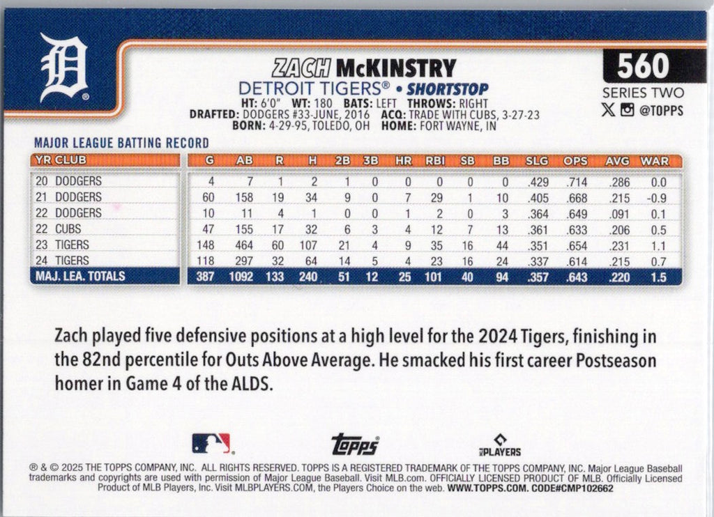 2025 Topps #560 Zach McKinstry Detroit Tigers
