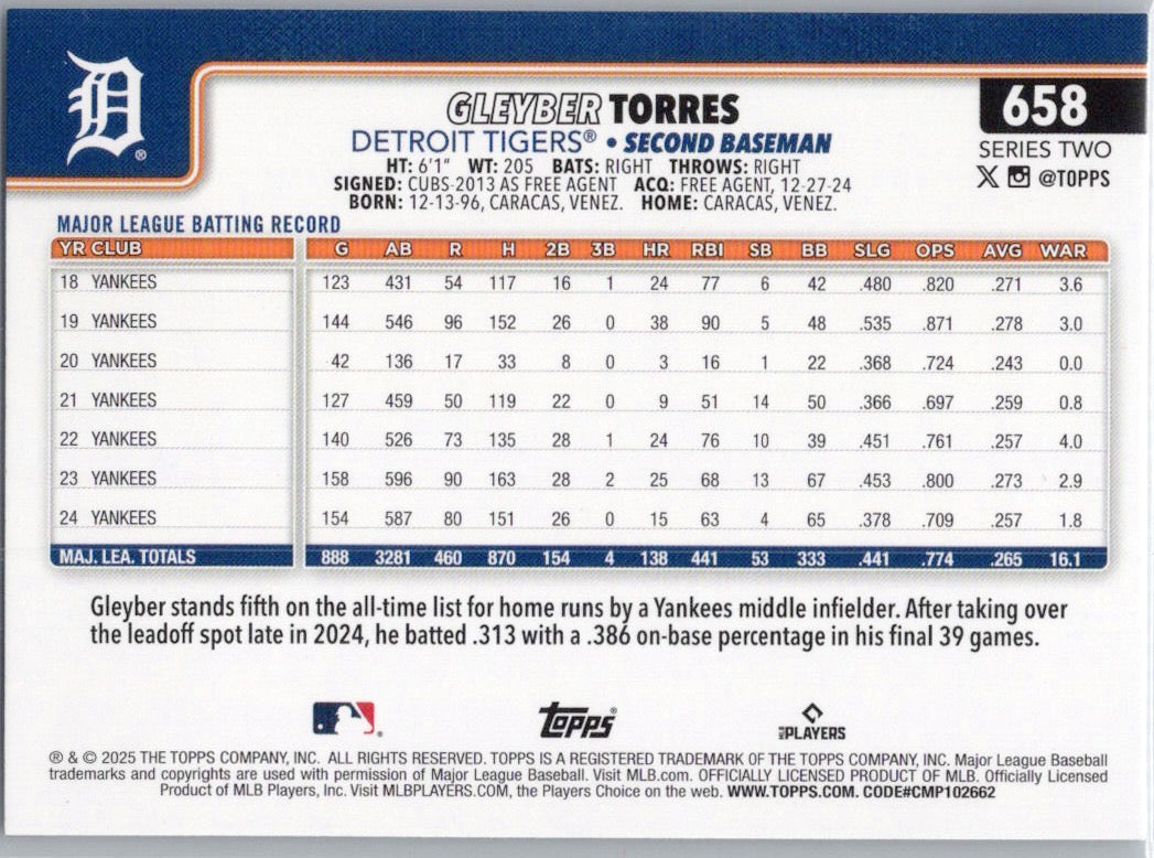 2025 Topps #658 Gleyber Torres Detroit Tigers