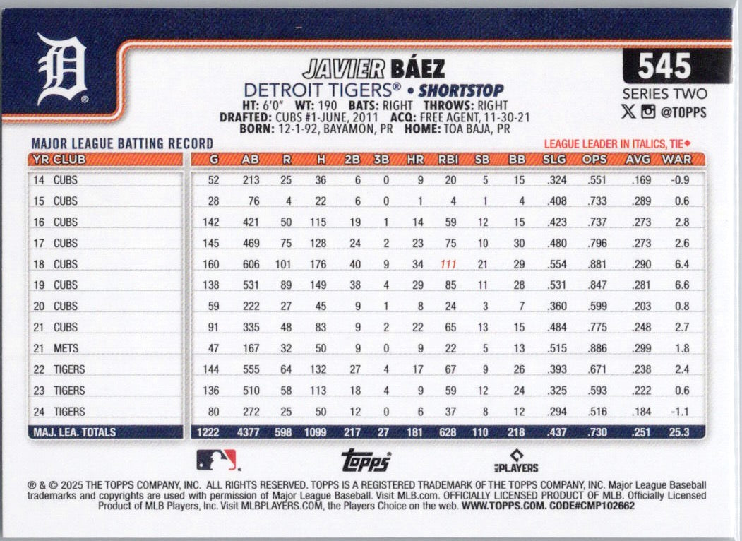 2025 Topps #545 Javier Báez Detroit Tigers