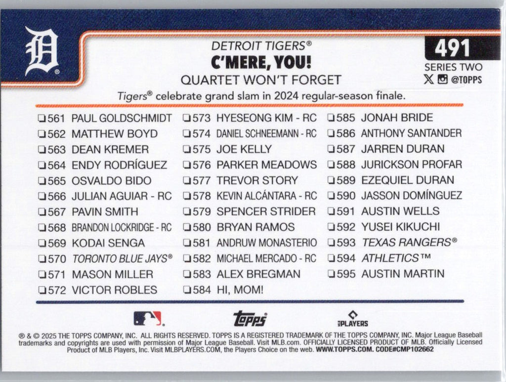 2025 Topps #491 C'mere, you! Quartet Won’t Forget Detroit Tigers