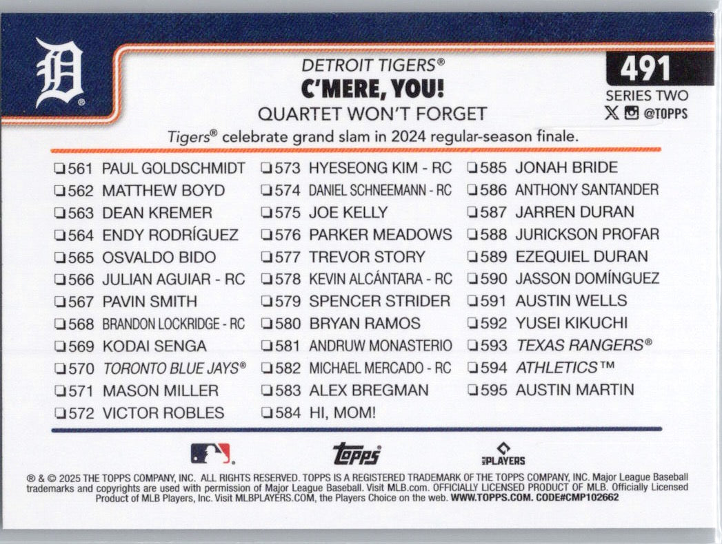 2025 Topps #491 C'mere, you! Quartet Won’t Forget Detroit Tigers