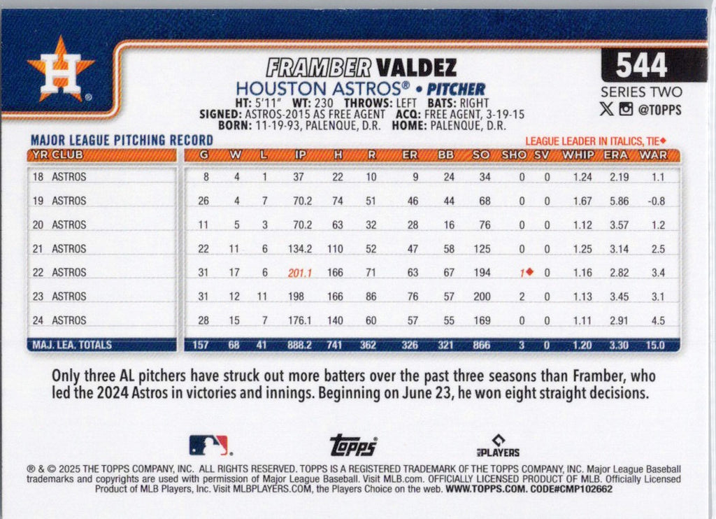 2025 Topps #544 Framber Valdez Houston Astros