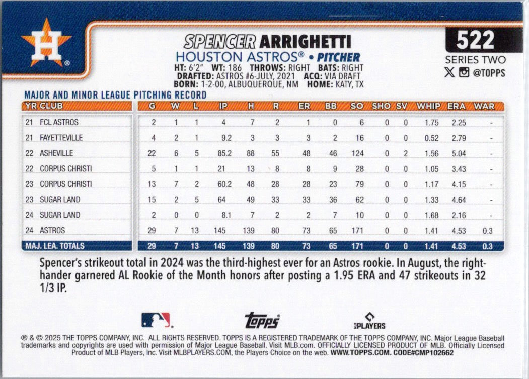 2025 Topps #522 Spencer Arrighetti Houston Astros