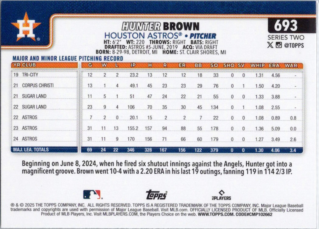 2025 Topps #693 Hunter Brown Houston Astros