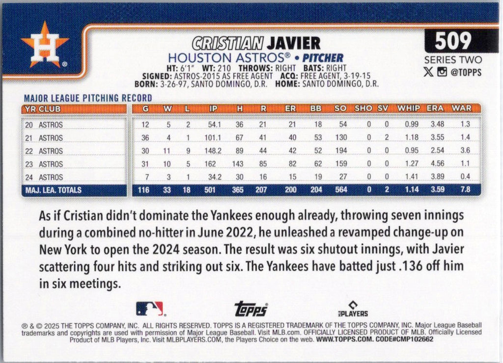 2025 Topps #509 Cristian Javier Houston Astros