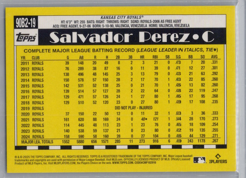 2025 Topps #90B2-19 Salvador Perez 35th Anniversary Green Crackle Foilboard #/99