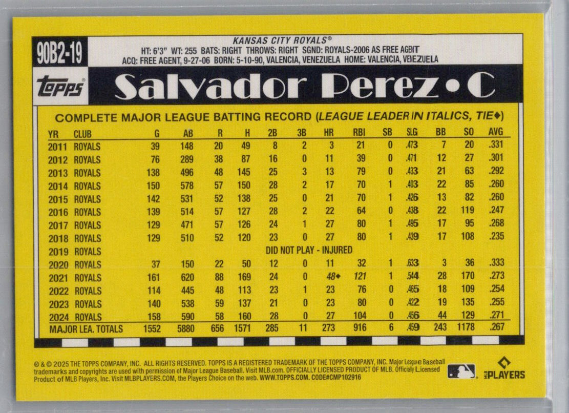 2025 Topps #90B2-19 Salvador Perez 35th Anniversary Green Crackle Foilboard #/99
