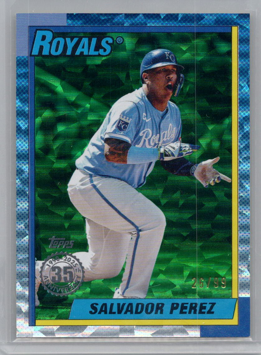 2025 Topps #90B2-19 Salvador Perez 35th Anniversary Green Crackle Foilboard #/99