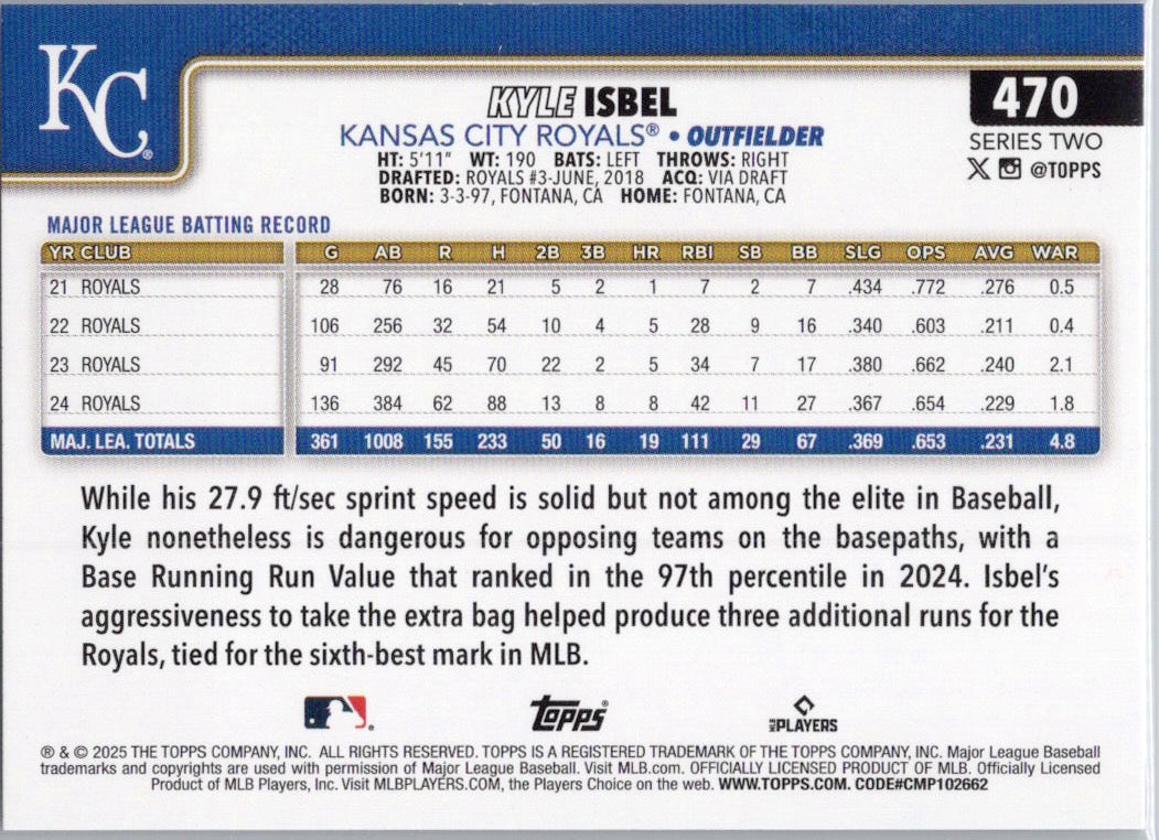 2025 Topps #470 Kyle Isbel Kansas City Royals