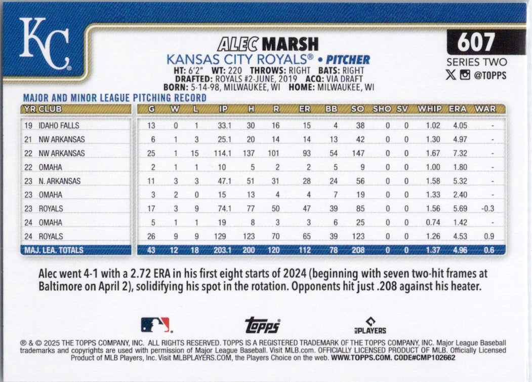 2025 Topps #607 Alec Marsh Kansas City Royals