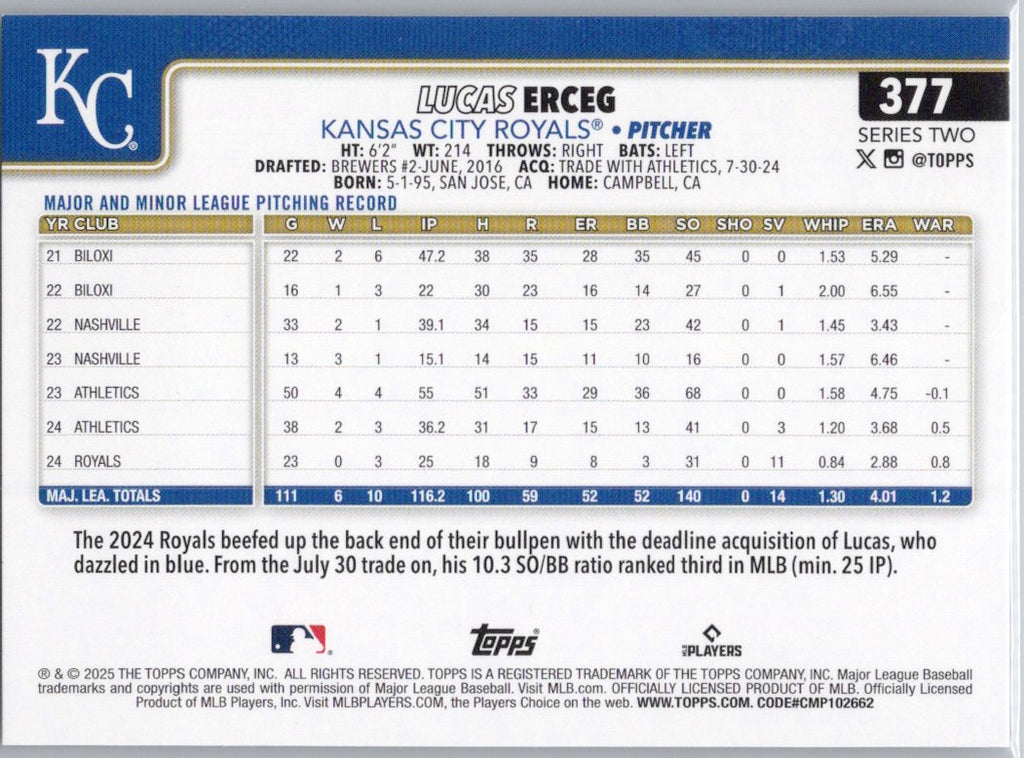 2025 Topps #377 Lucas Erceg Kansas City Royals