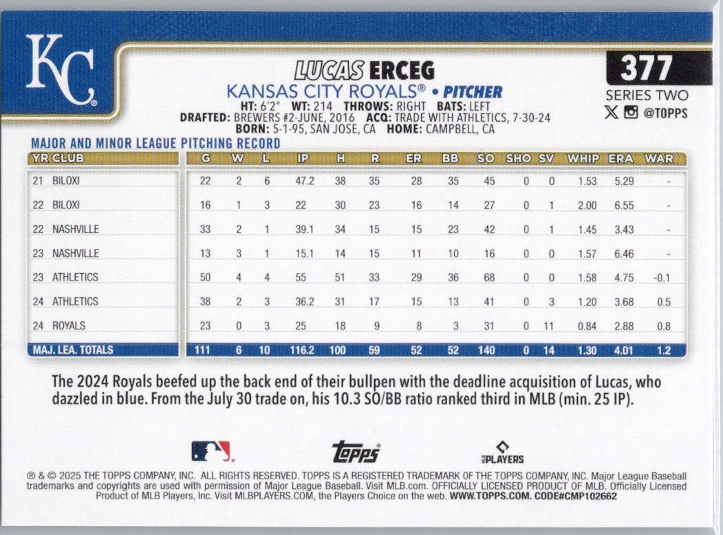 2025 Topps #377 Lucas Erceg Kansas City Royals