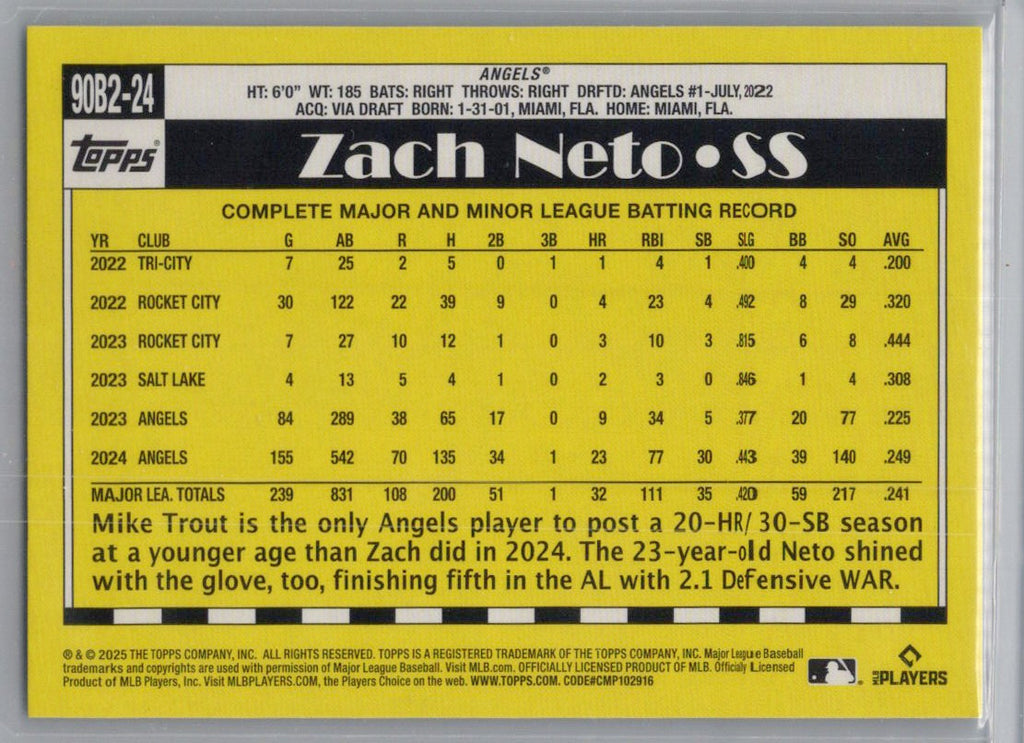 2025 Topps #90B2-24 Zach Neto 1990 Topps Baseball 35th Anniversary (Series Two) Los Angeles Angels